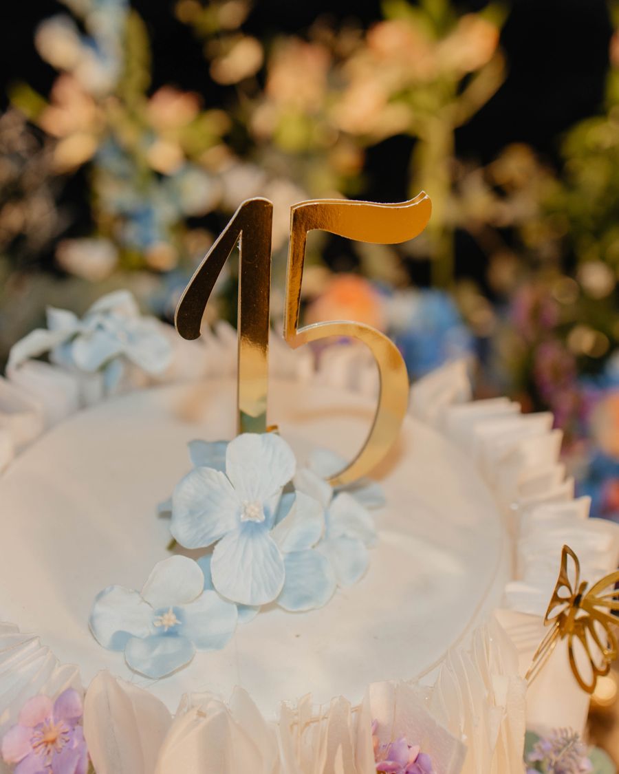 O 15 dourado no topo do bolo.